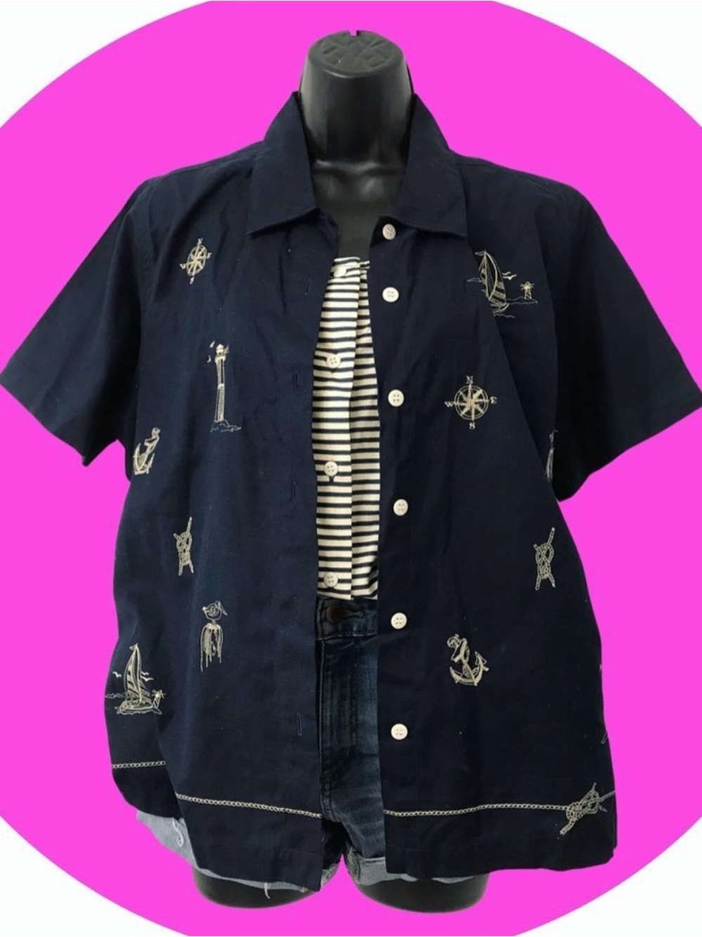 Navy Embroidered Nautical Button-Down Shirt